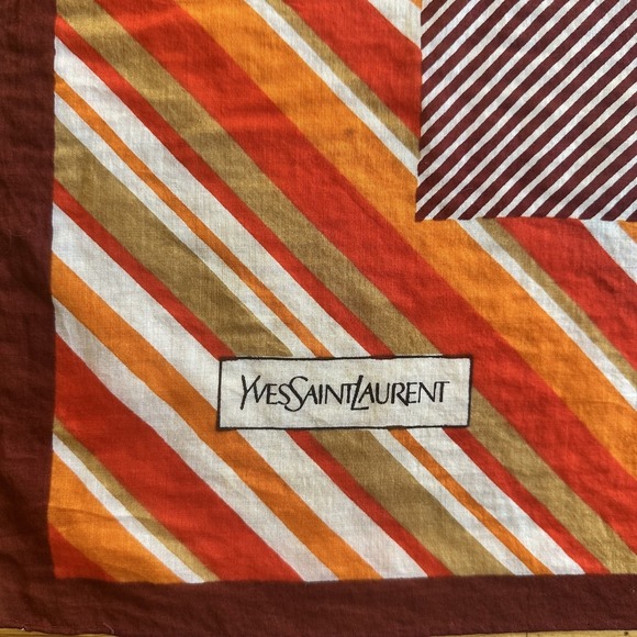 Vintage Yves Saint Laurent Scarf Cotton Large Red Orange Brown Striped Logo 70s - Picture 2 of 9